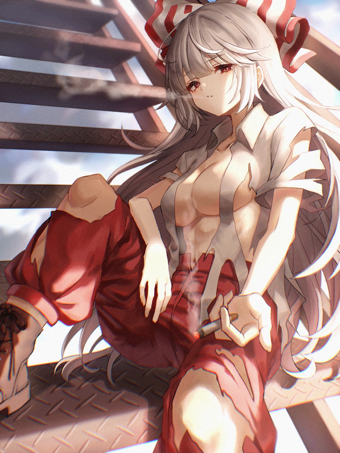 fujiwara_no_mokou no_bra smoking torn_clothes touhou waramori_fuzuka