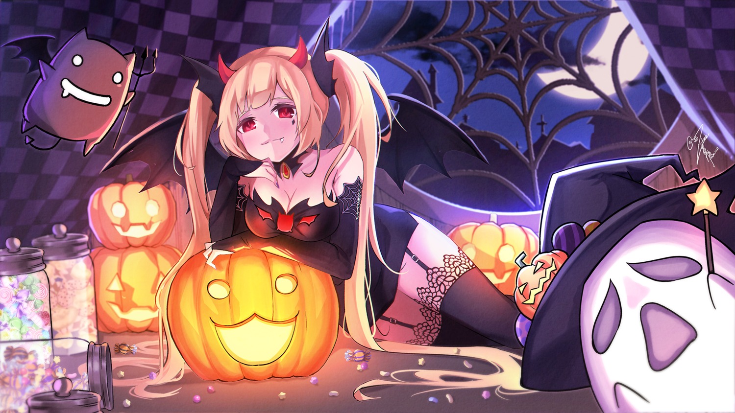 cleavage dress goditsuka halloween horns no_bra stockings thighhighs