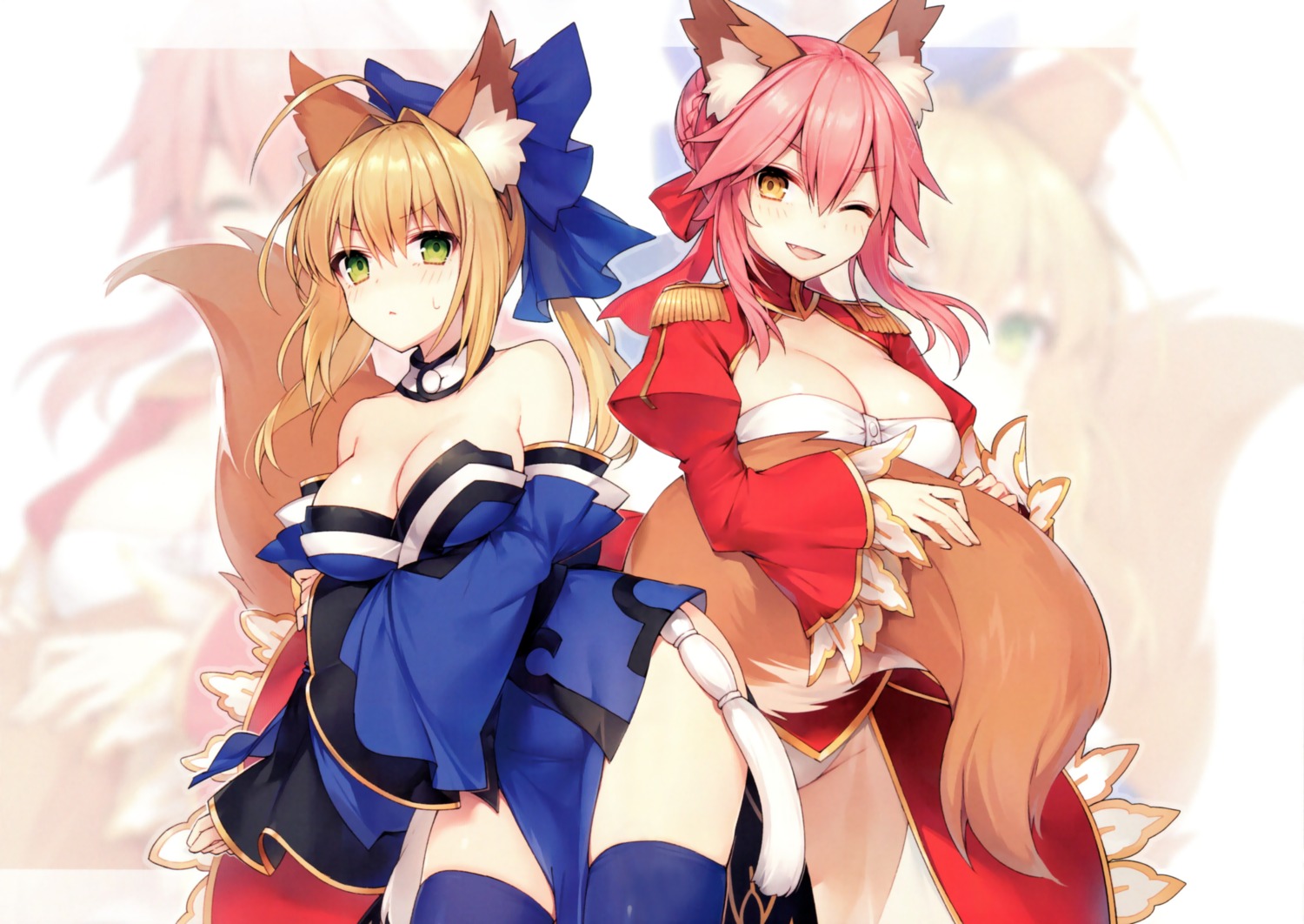 animal_ears breast_hold cleavage cosplay dress fate/extra fate/grand_order fate/stay_night japanese_clothes kitsune muryo pantsu saber_extra see_through tamamo_no_mae thighhighs