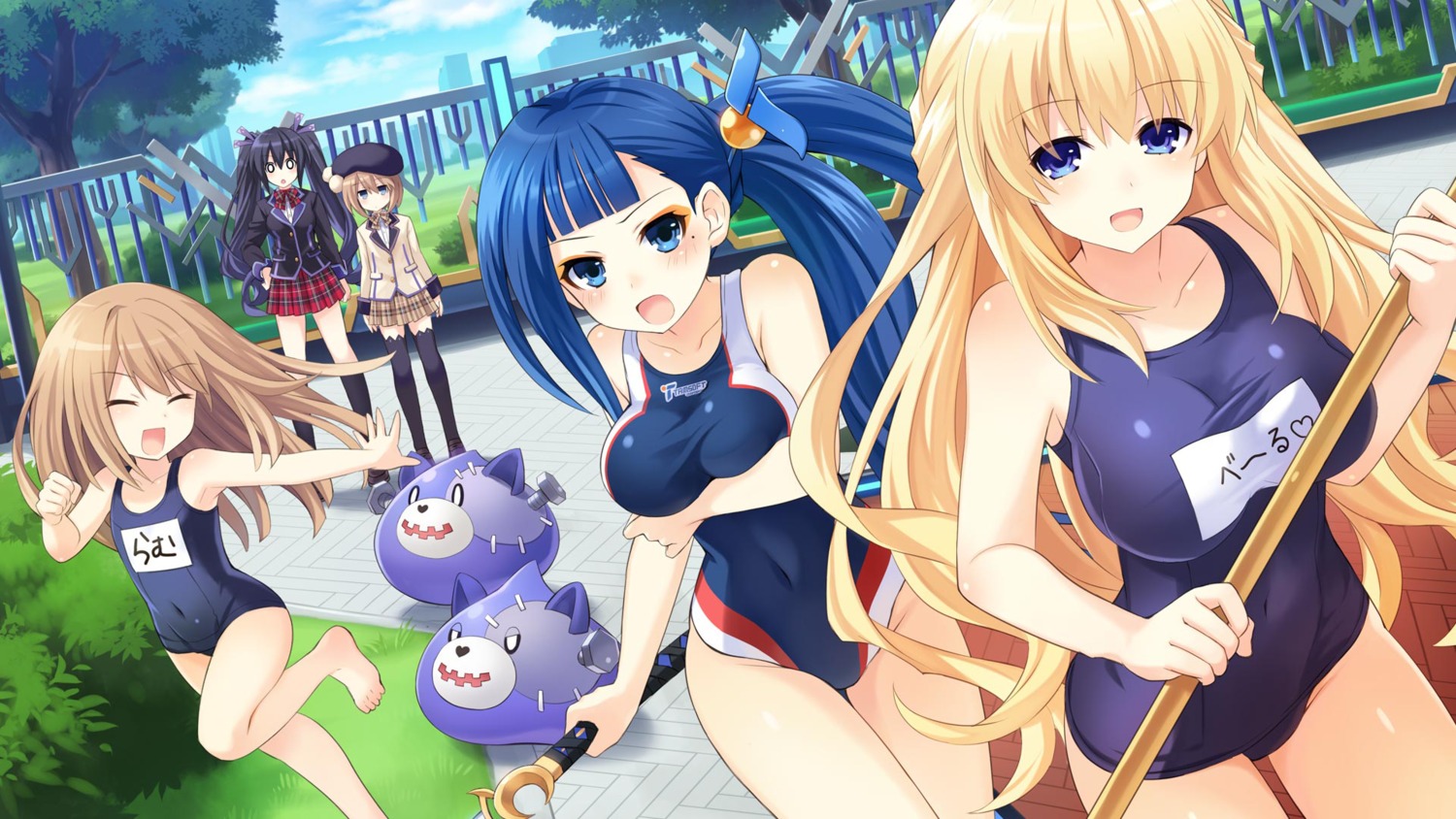 blanc breast_hold choujigen_game_neptune game_cg noire ram_(choujigen_game_neptune) school_swimsuit seifuku swimsuits tamsoft_(choujigen_game_neptune) thighhighs tsunako vert