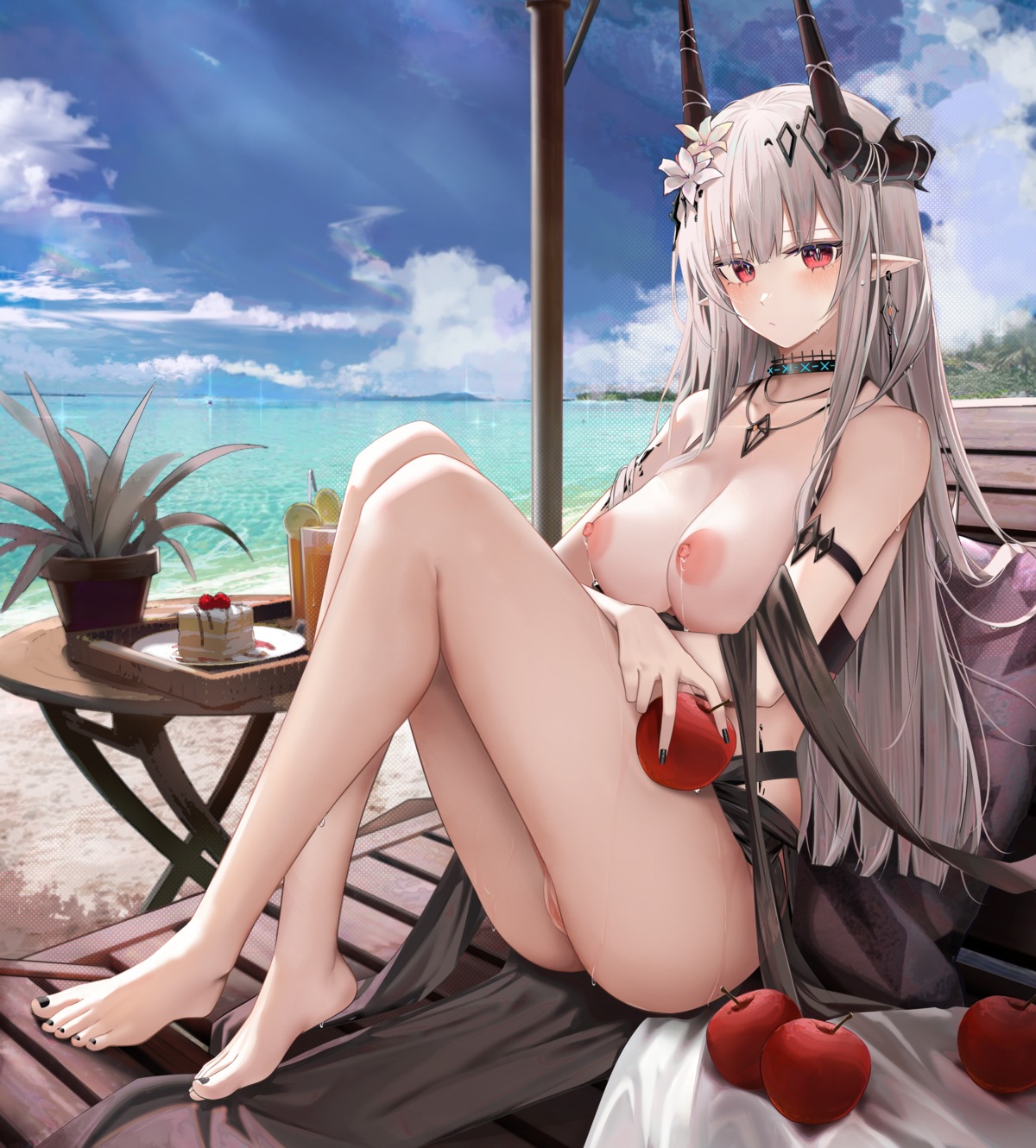 arknights bikini breasts feet horns lactation mudrock_(arknights) nipples panty_pull pointy_ears pussy ru_zhai see_through skirt_lift swimsuits uncensored wet