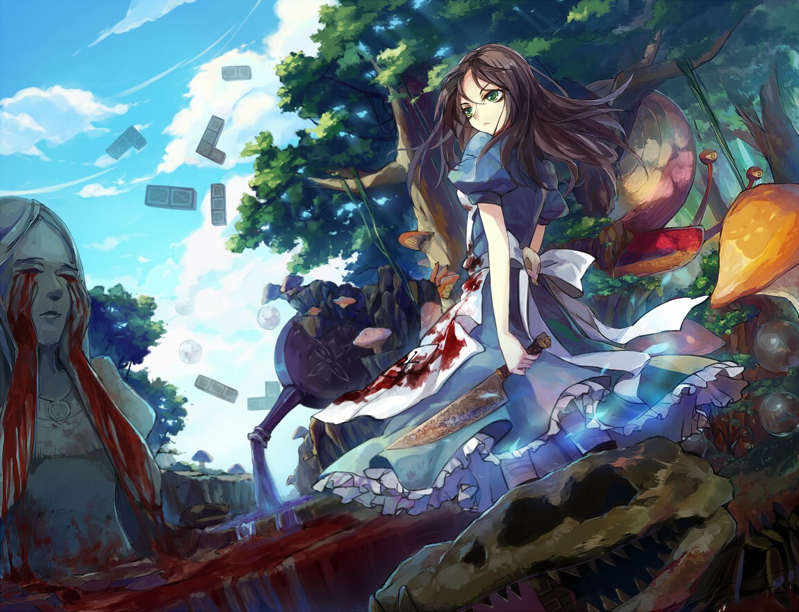 alice alice:_madness_returns alice_in_wonderland ane_niku blood dress landscape weapon