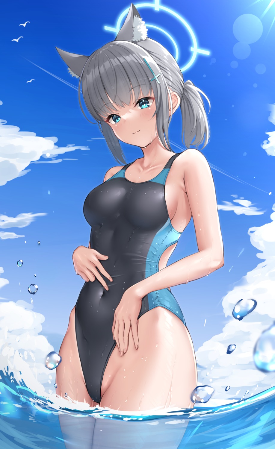 animal_ears blue_archive halo ncontrail_(mgax7527) nekomimi sunaookami_shiroko swimsuits wet