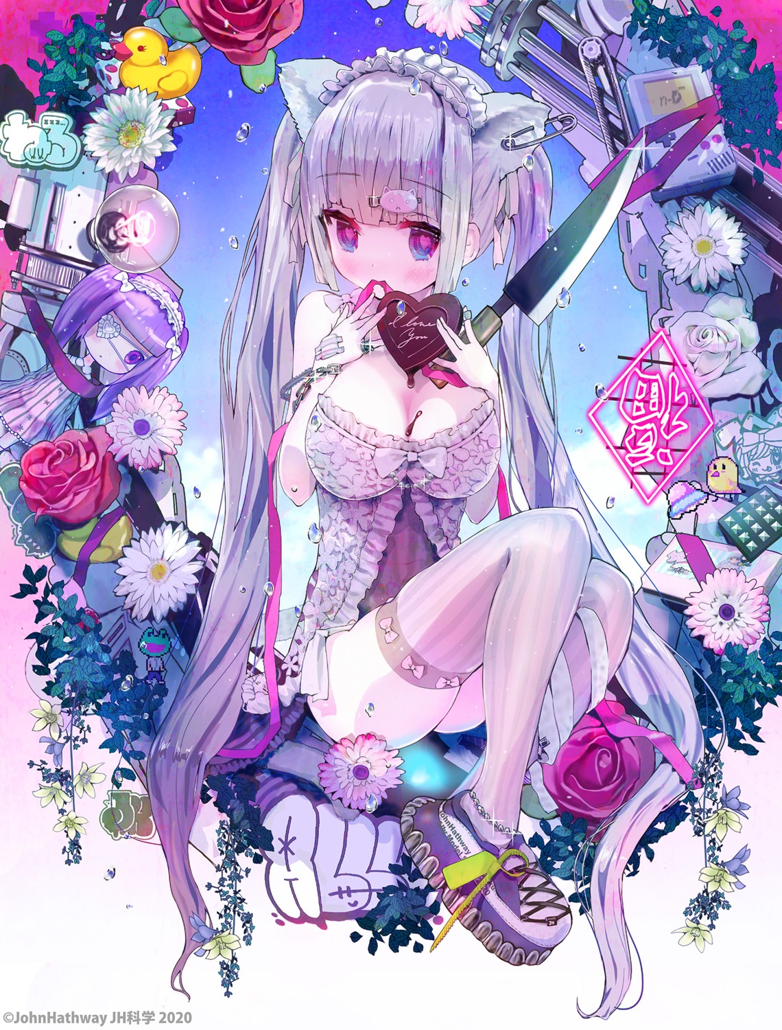 animal_ears chibi cleavage cream dress eyepatch john_hathway lingerie nekomimi thighhighs