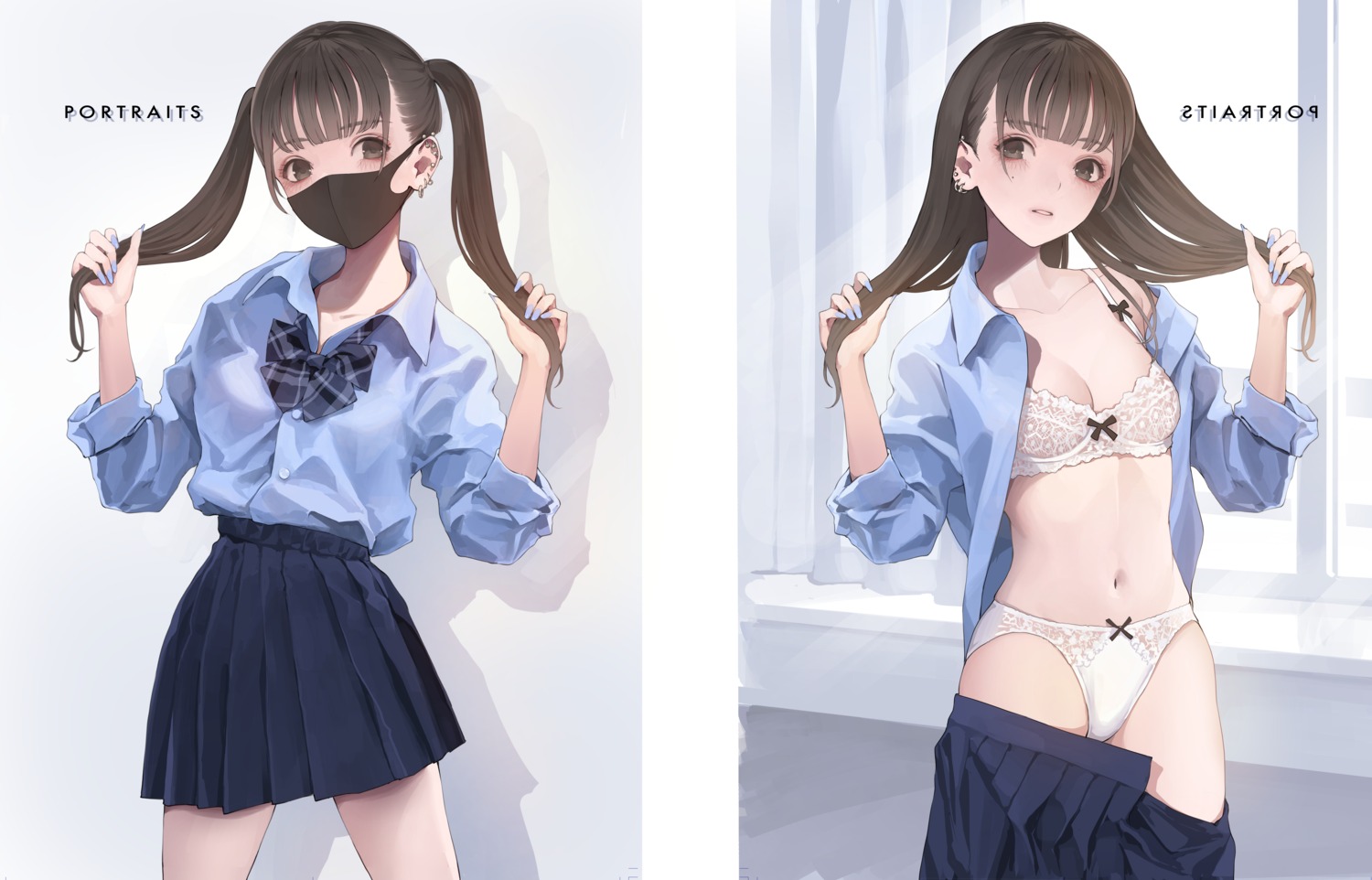 bra cleavage koh_(minagi_kou) open_shirt pantsu seifuku