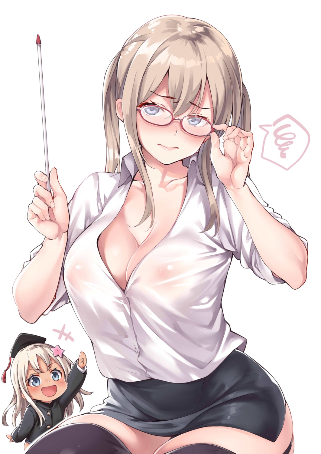 dress_shirt ebifurya graf_zeppelin_(kancolle) kantai_collection megane no_bra open_shirt ro-500 see_through stockings thighhighs