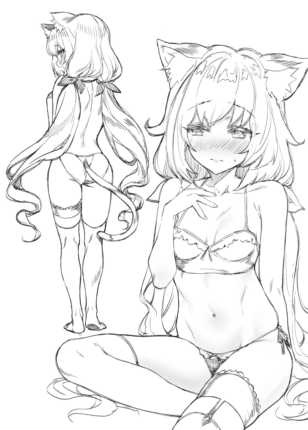 animal_ears ass bra garter karyl_(princess_connect) mushi024 nekomimi pantsu princess_connect princess_connect!_re:dive sketch stockings string_panties tail thighhighs topless