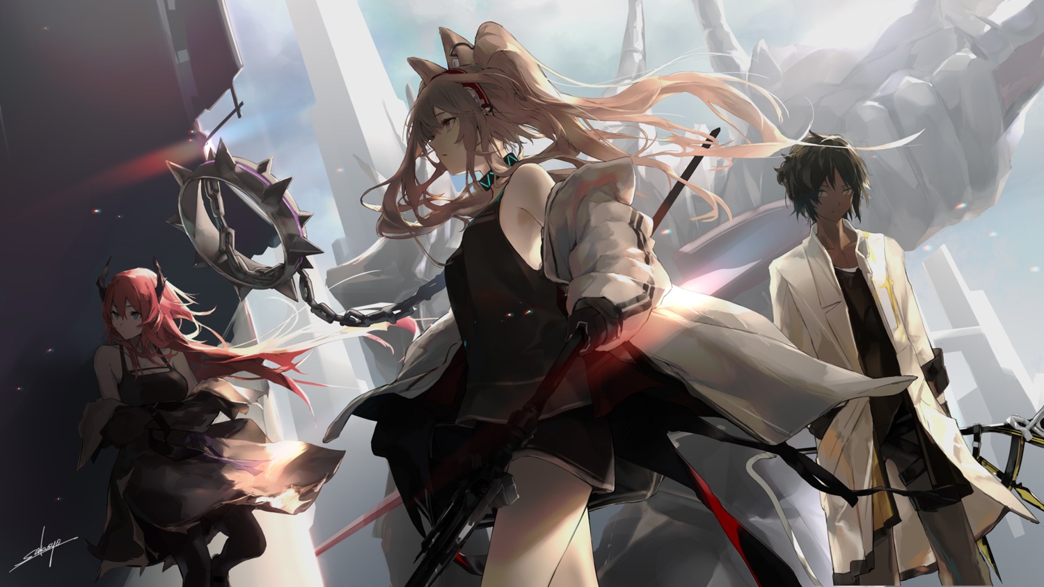 angelina_(arknights) animal_ears arknights horns skirt_lift surtr_(arknights) thorns_(arknights) wallpaper weapon