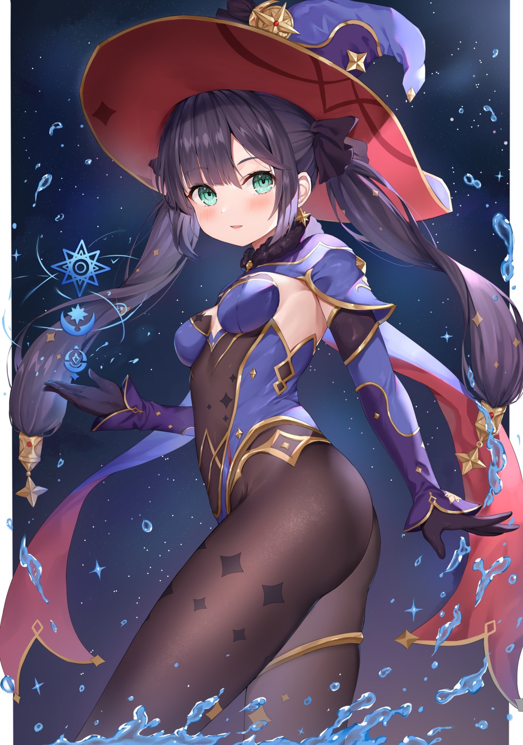 garter genshin_impact kizuna leotard mona_megistus no_bra pantyhose wet witch