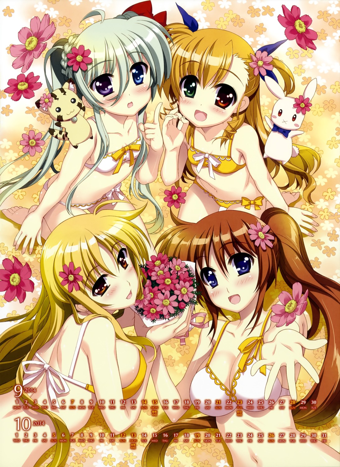 bikini calendar cleavage einhart_stratos fate_testarossa fujima_takuya heterochromia mahou_shoujo_lyrical_nanoha mahou_shoujo_lyrical_nanoha_vivid swimsuits takamachi_nanoha vivio