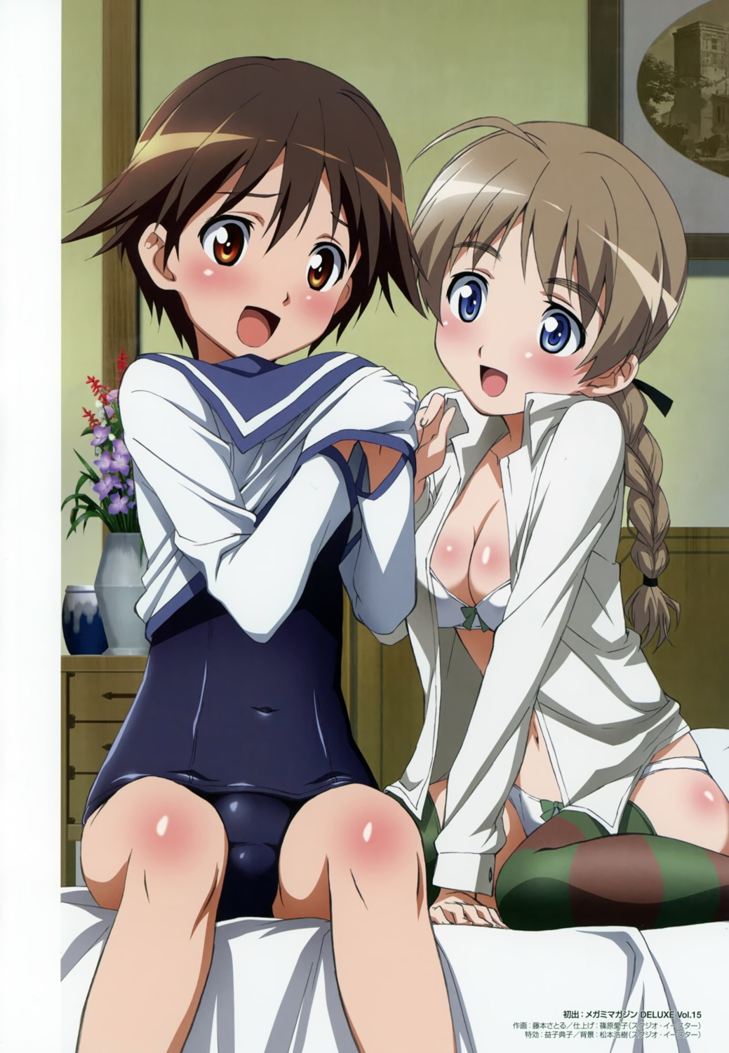 bra cleavage dress_shirt fujimoto_satoru lynette_bishop miyafuji_yoshika open_shirt pantsu school_swimsuit seifuku strike_witches swimsuits thighhighs undressing