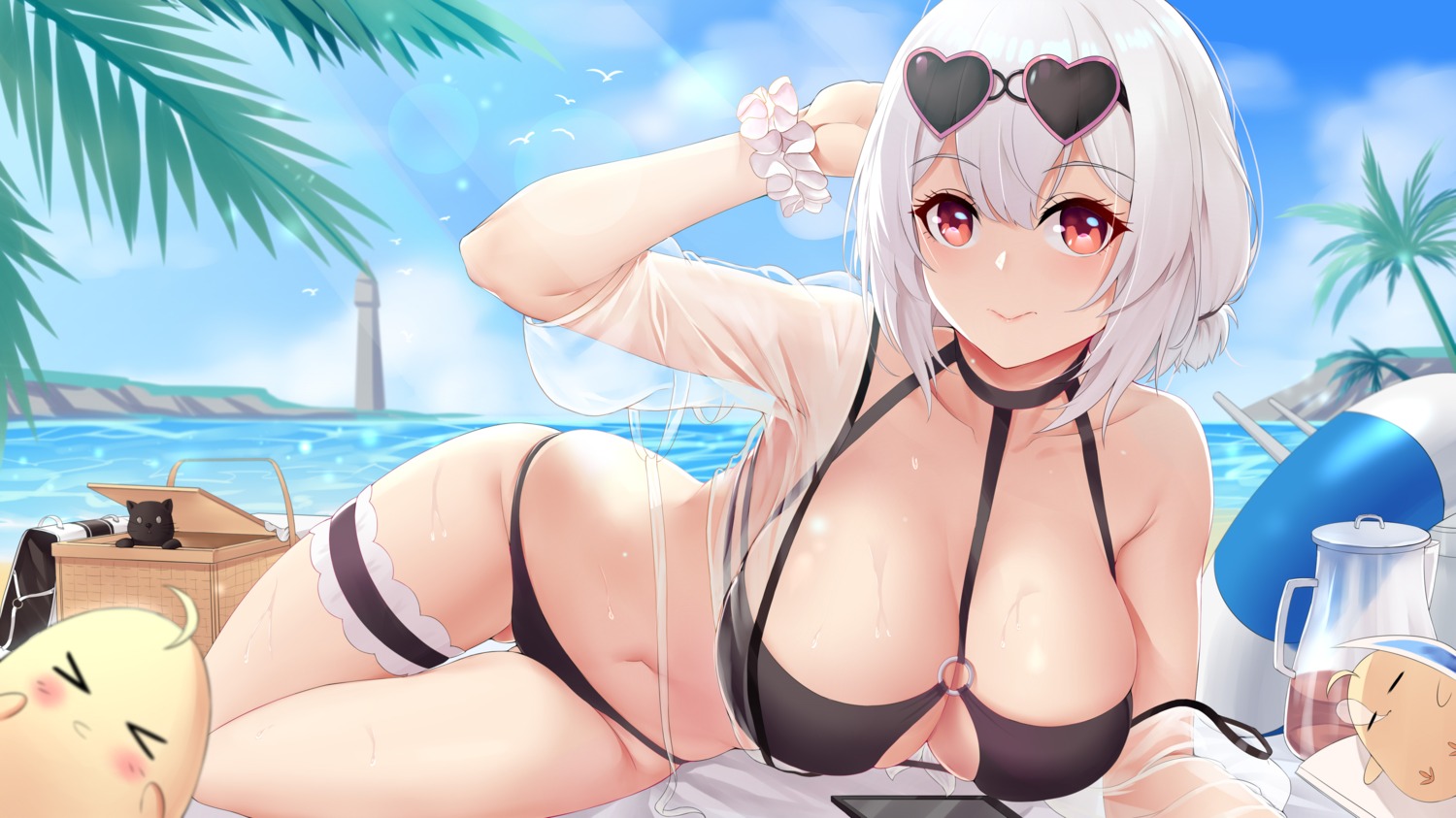 azur_lane bikini chitu_hefeng_zhong garter manjuu_(azur_lane) megane open_shirt see_through sirius_(azur_lane) swimsuits