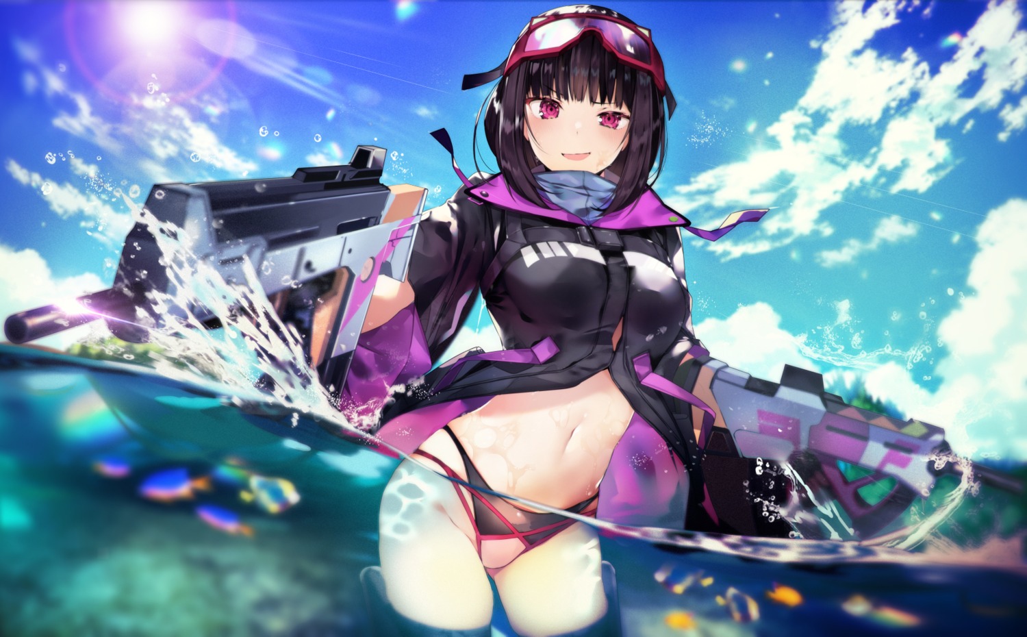 bikini fate/grand_order gun osakabe-hime_(fate/grand_order) swimsuits tetsubuta thighhighs wet