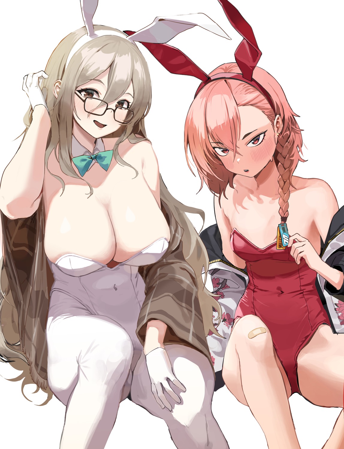 animal_ears bandaid blue_archive bunny_ears bunny_girl kawa683 loli megane mikamo_neru murokasa_akane no_bra pantyhose