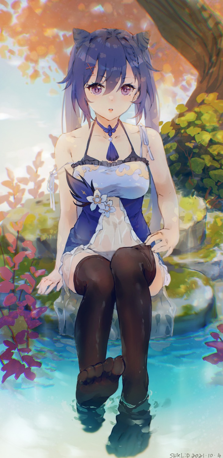 feet genshin_impact keqing lingerie pantsu see_through swkl:d thighhighs undressing wet wet_clothes