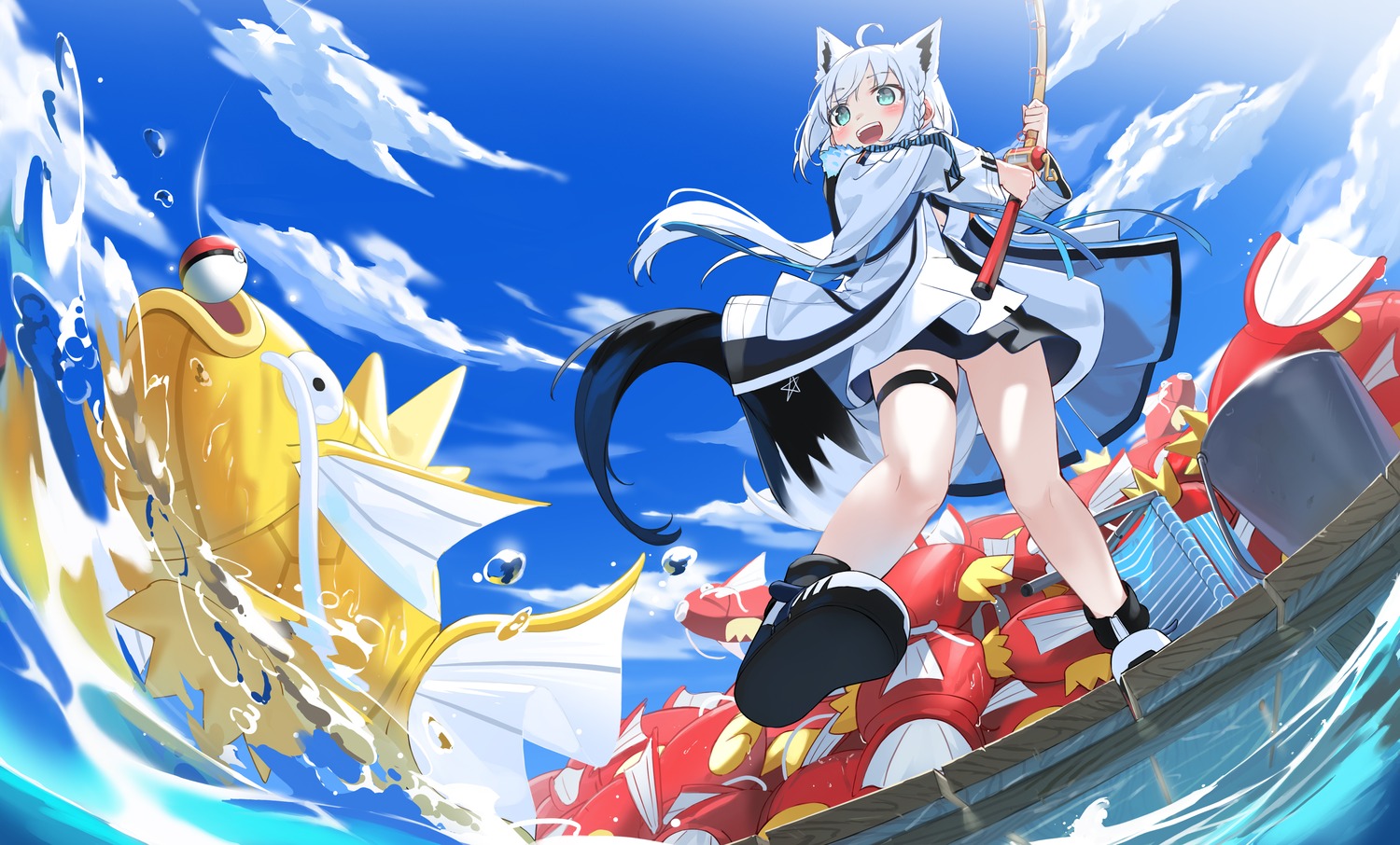 animal_ears crossover garter hololive hololive_gamers kimyo kitsune magikarp pokemon shirakami_fubuki tail