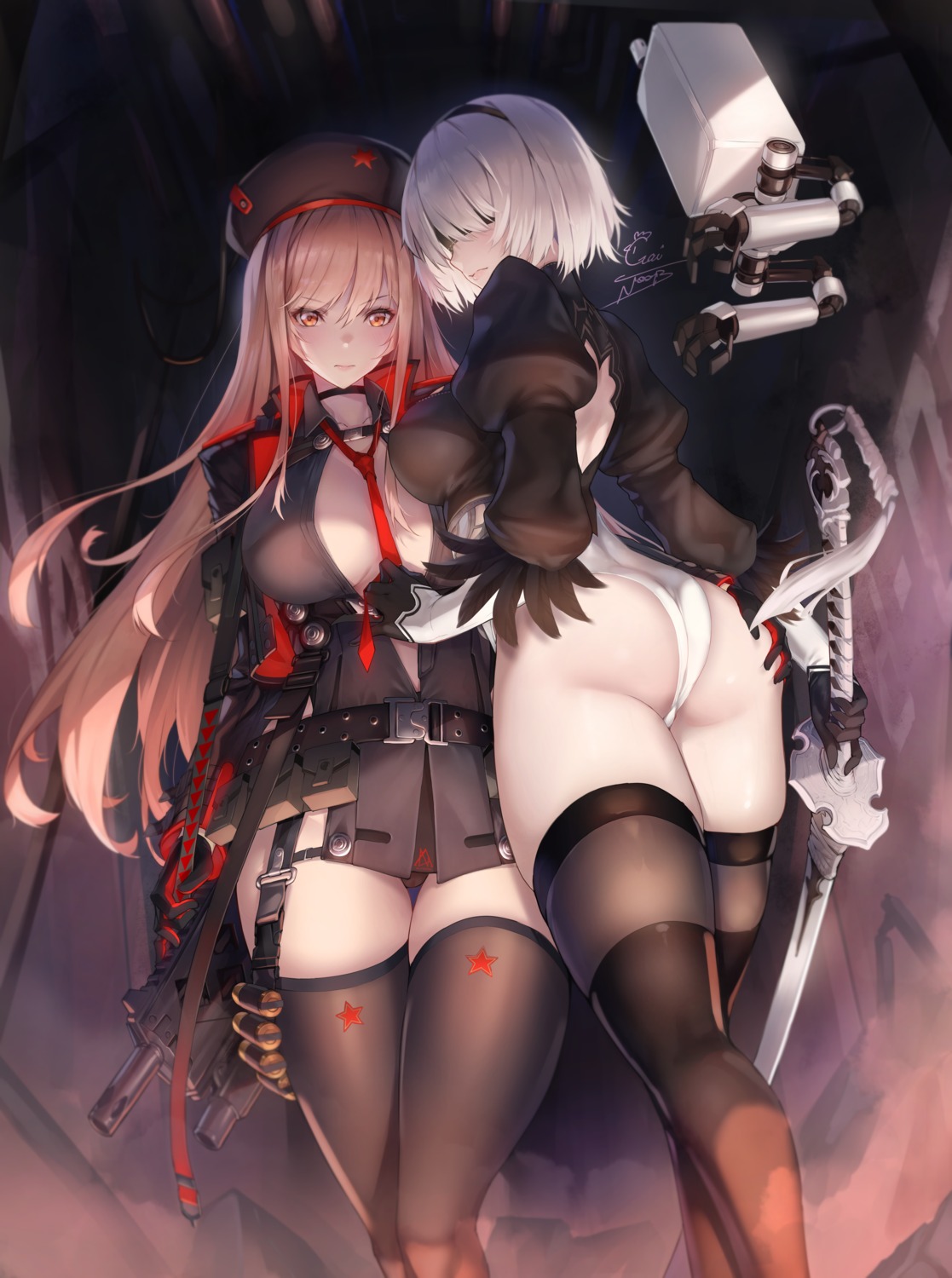 ass ass_grab cameltoe crossover gainoob garter gun leotard nier nier_automata nikke_the_goddess_of_victory no_bra open_shirt pantsu rapi_(nikke) stockings sword thighhighs uniform yorha_no.2_type_b yuri