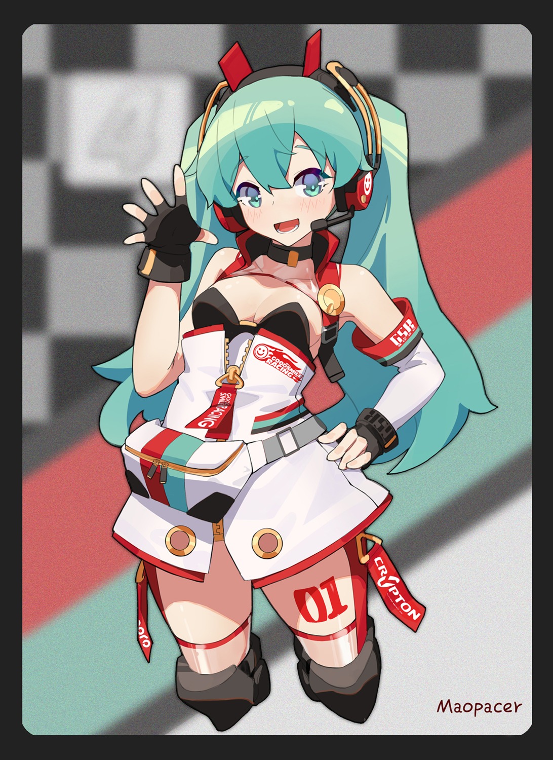 cleavage garter goodsmile_racing hatsune_miku headphones racing_miku sunligh_mao tattoo thighhighs vocaloid