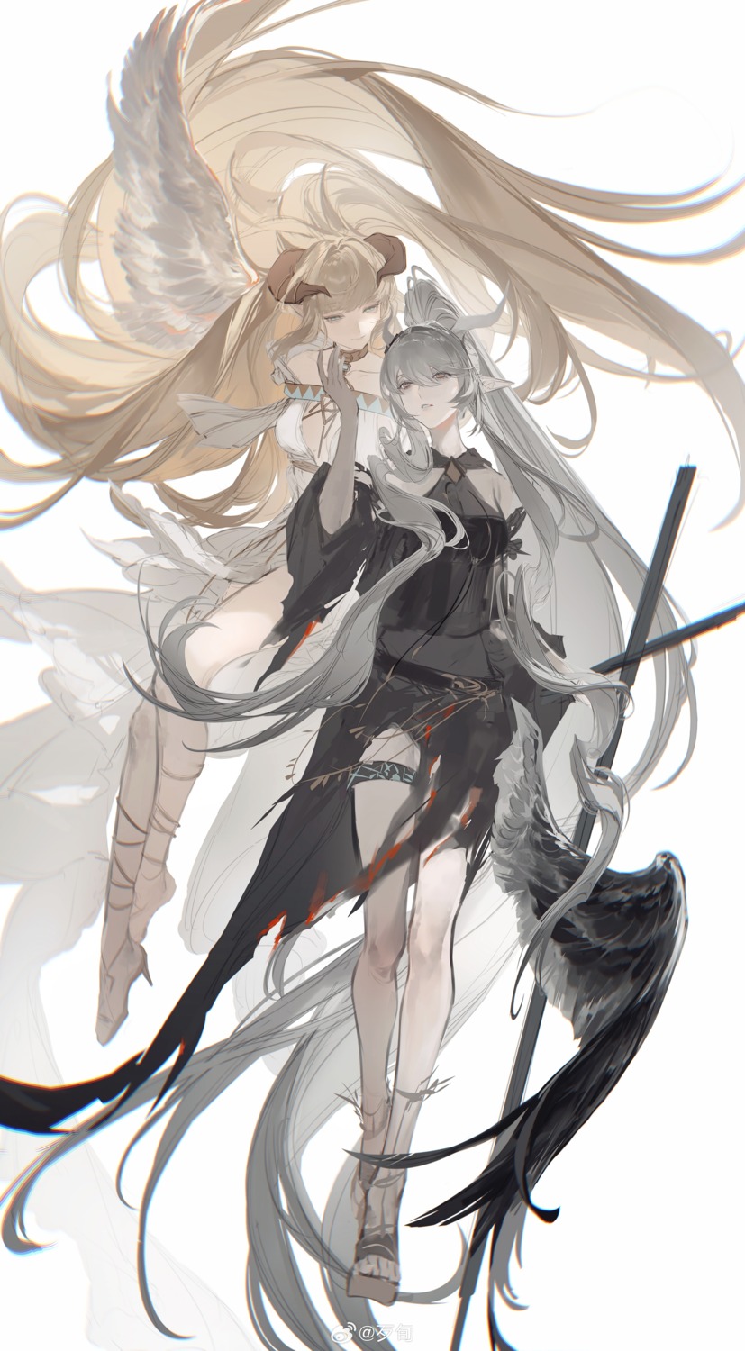 arknights dress garter horns nightingale_(arknights) pointy_ears shining_(arknights) sketch sword torn_clothes wings xundaixun yuri