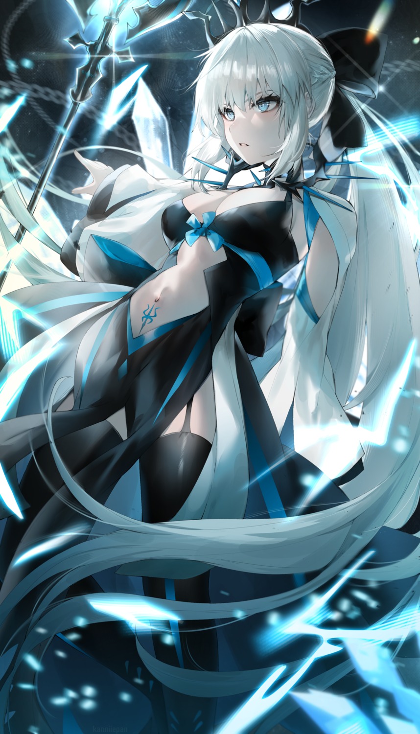 dress fate/grand_order kanniiepan morgan_le_fay_(fate) no_bra stockings tattoo thighhighs weapon