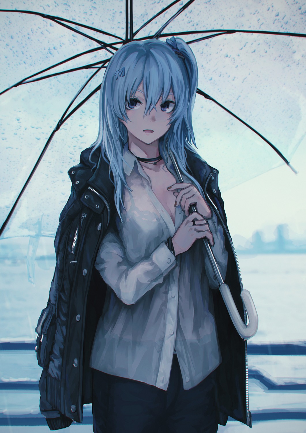 bra cleavage emori_miku see_through shiroi_suzume umbrella