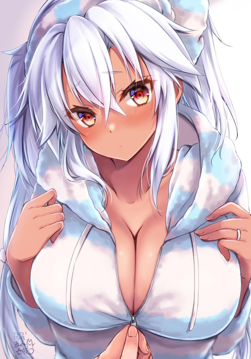 cleavage kantai_collection mashiro_yukiya musashi_(kancolle) no_bra open_shirt undressing