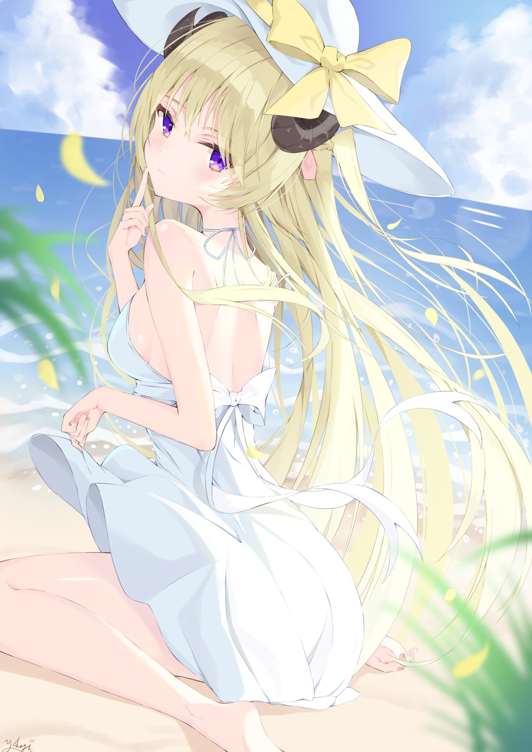 dress hololive horns no_bra skirt_lift summer_dress tsunomaki_watame yohagi