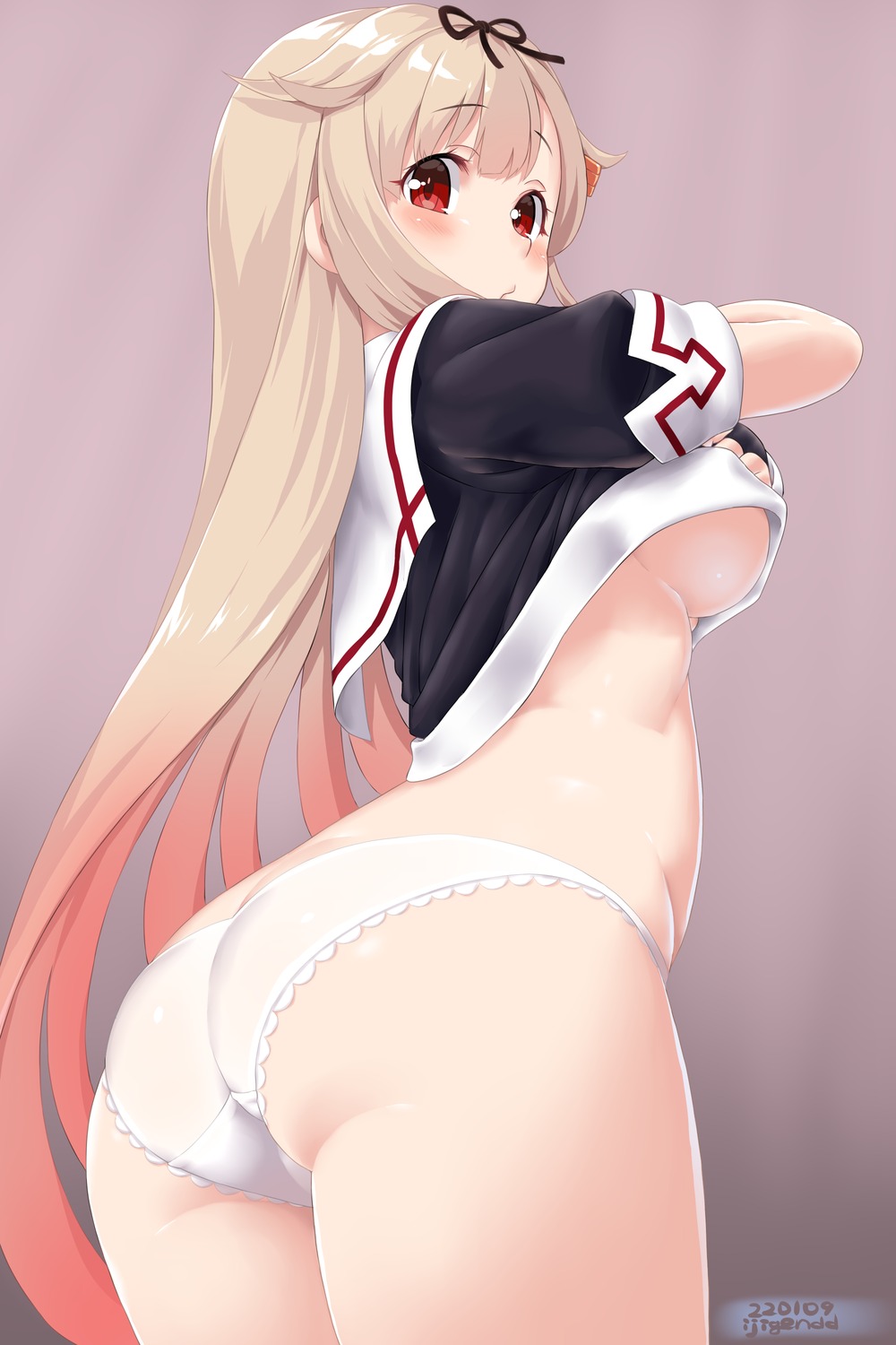 ass dd_(ijigendd) kantai_collection no_bra pantsu seifuku shirt_lift undressing yuudachi_(kancolle)