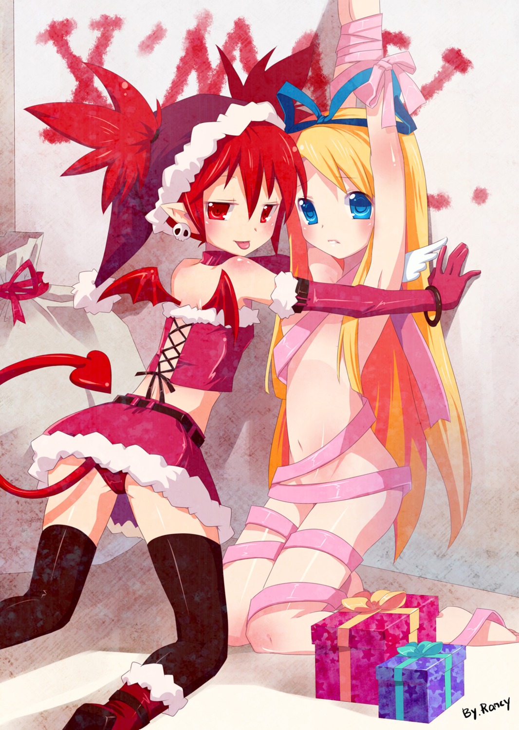 disgaea etna flonne loli m.vv naked_ribbon pointy_ears tail thighhighs wings yuri