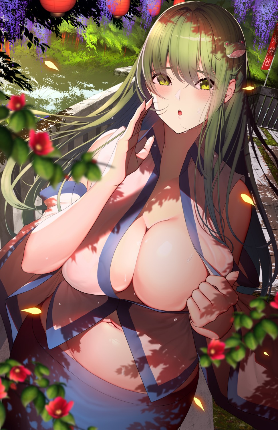 banitya breasts kochiya_sanae no_bra open_shirt touhou undressing