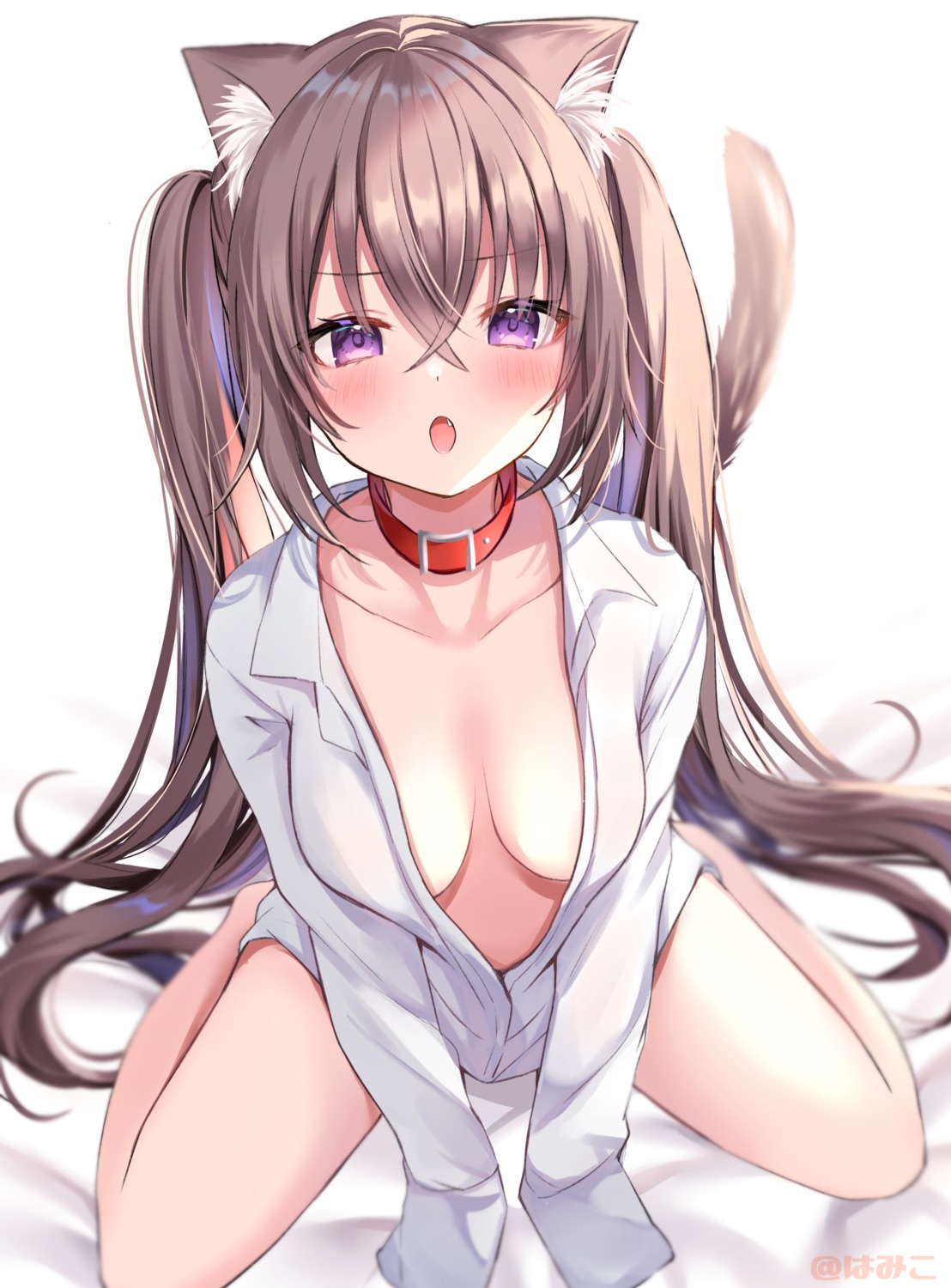 animal_ears dress_shirt hamico nekomimi no_bra open_shirt tail