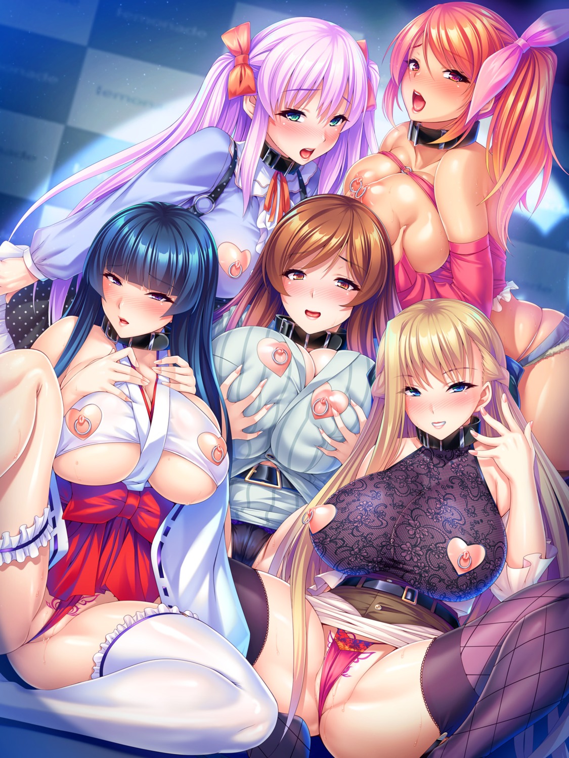 breast_grab breasts cameltoe fishnets garter ishii_akira miel miko nipples no_bra pantsu skirt_lift sweater t-28 thighhighs thong torn_clothes