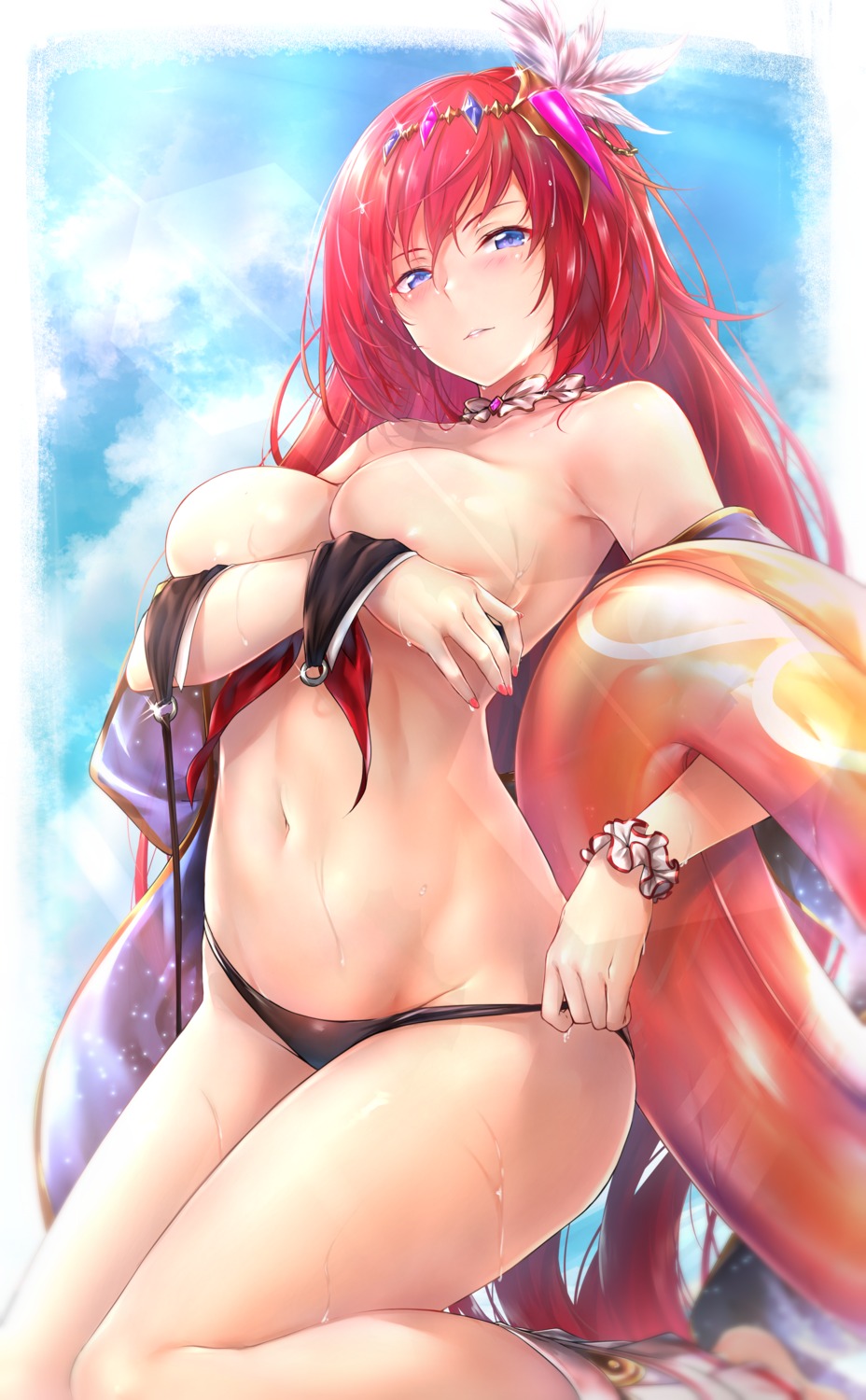 bikini breast_hold breasts godguard_brodia granblue_fantasy panty_pull rei_kun swimsuits undressing wardrobe_malfunction wet