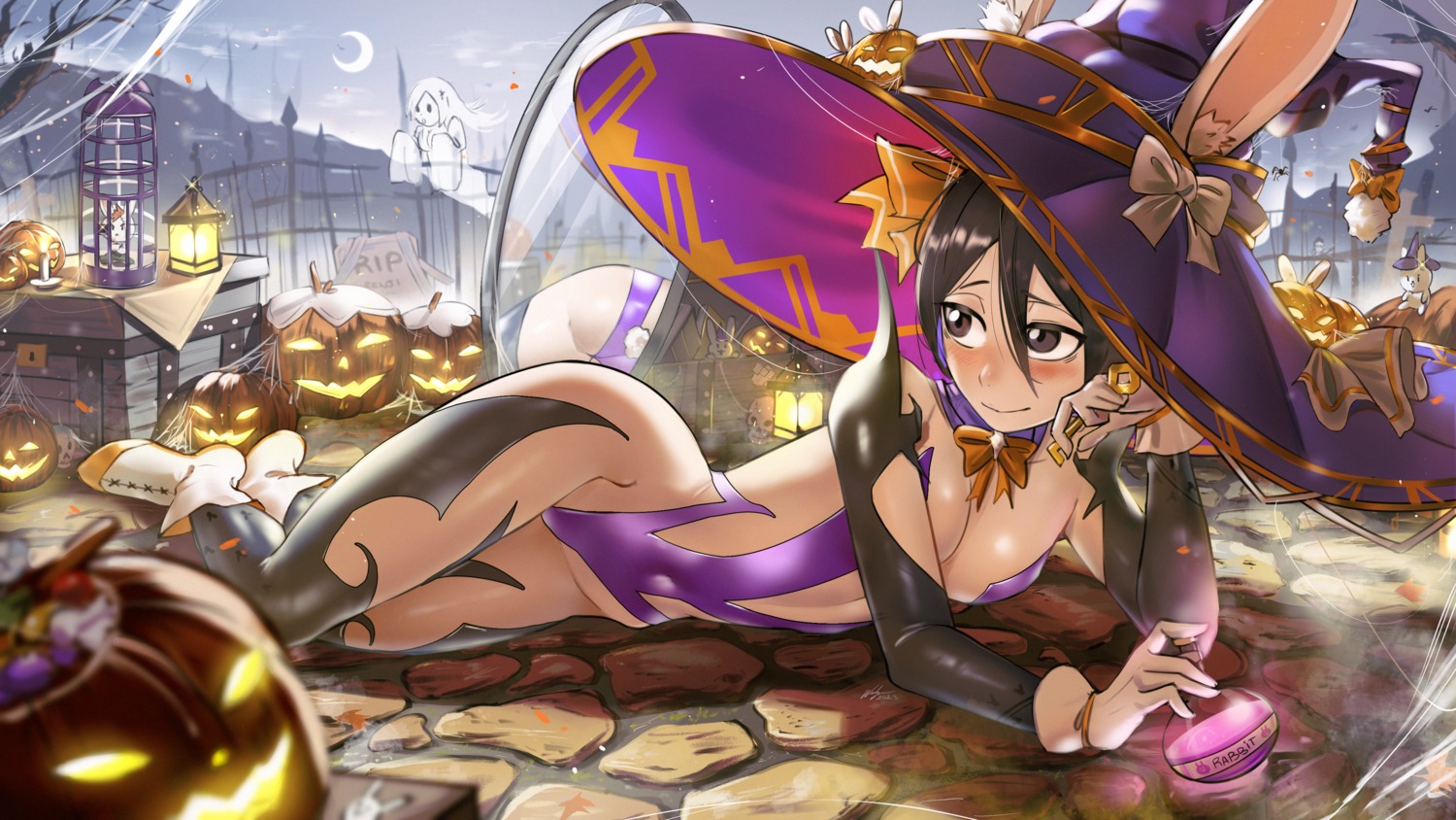 bleach halloween kuchiki_rukia leotard no_bra thighhighs waligner wallpaper witch