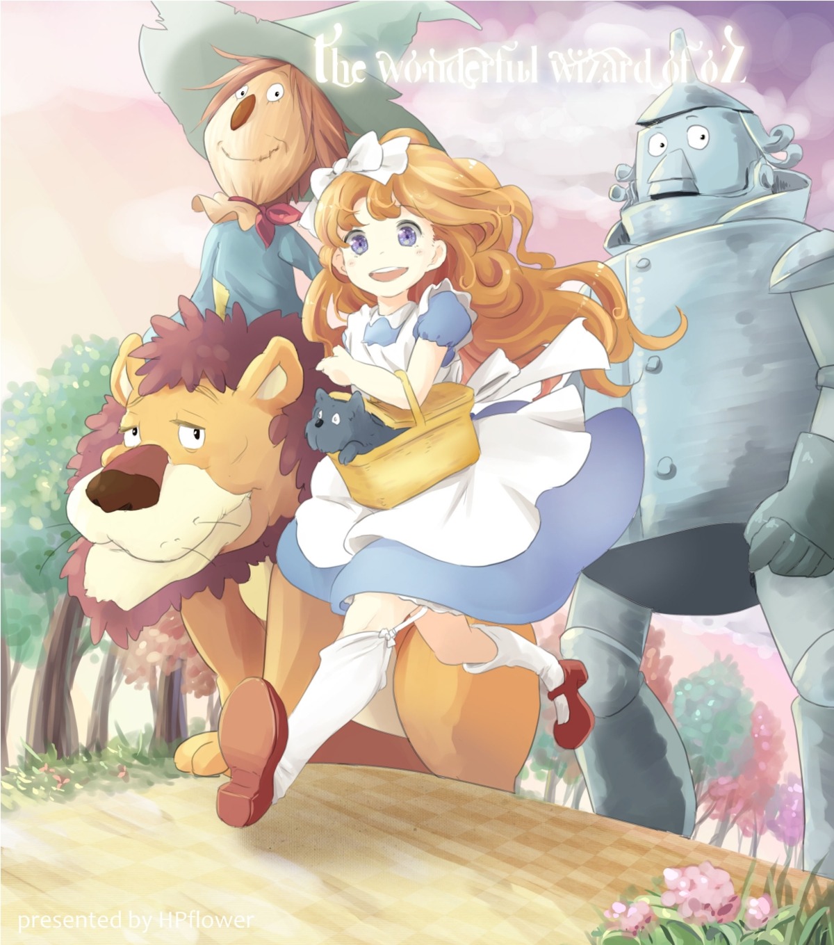 cowardly_lion dorothy_gale dress hpflower scarecrow stockings the_wizard_of_oz thighhighs tin_man toto