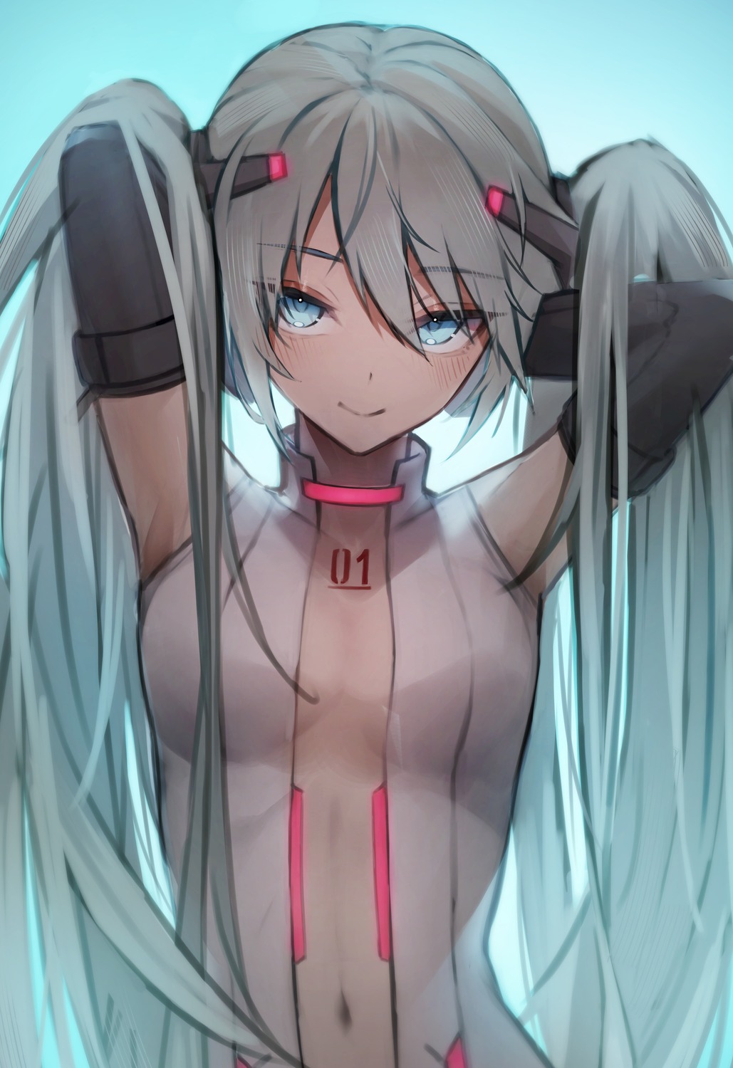 akuto_(akuto_desu) cleavage hatsune_miku miku_append no_bra open_shirt tattoo vocaloid