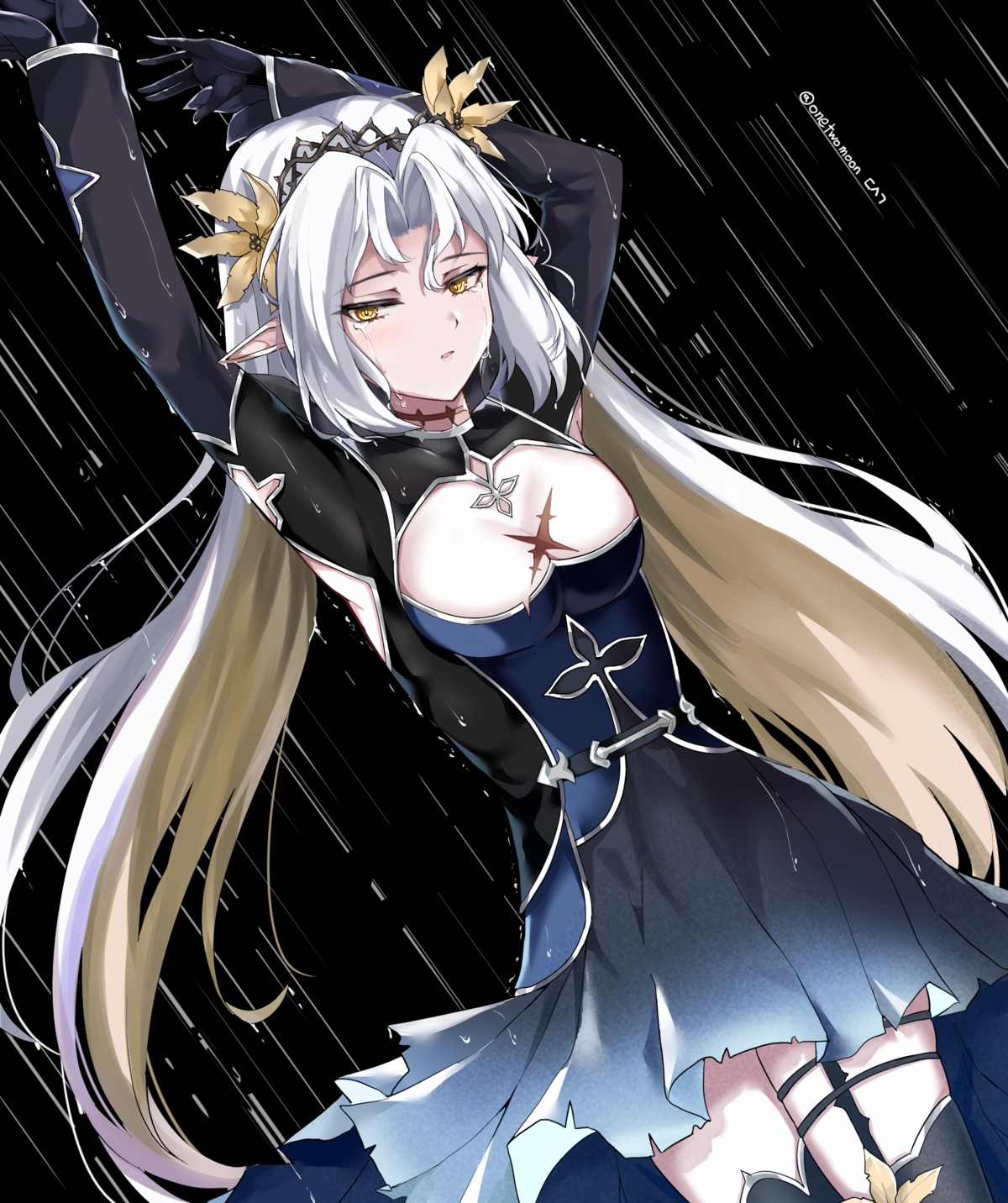 bikini_armor epic7 garter iseria_(epic7) pointy_ears skirt_lift stockings thighhighs torn_clothes twomoon wet