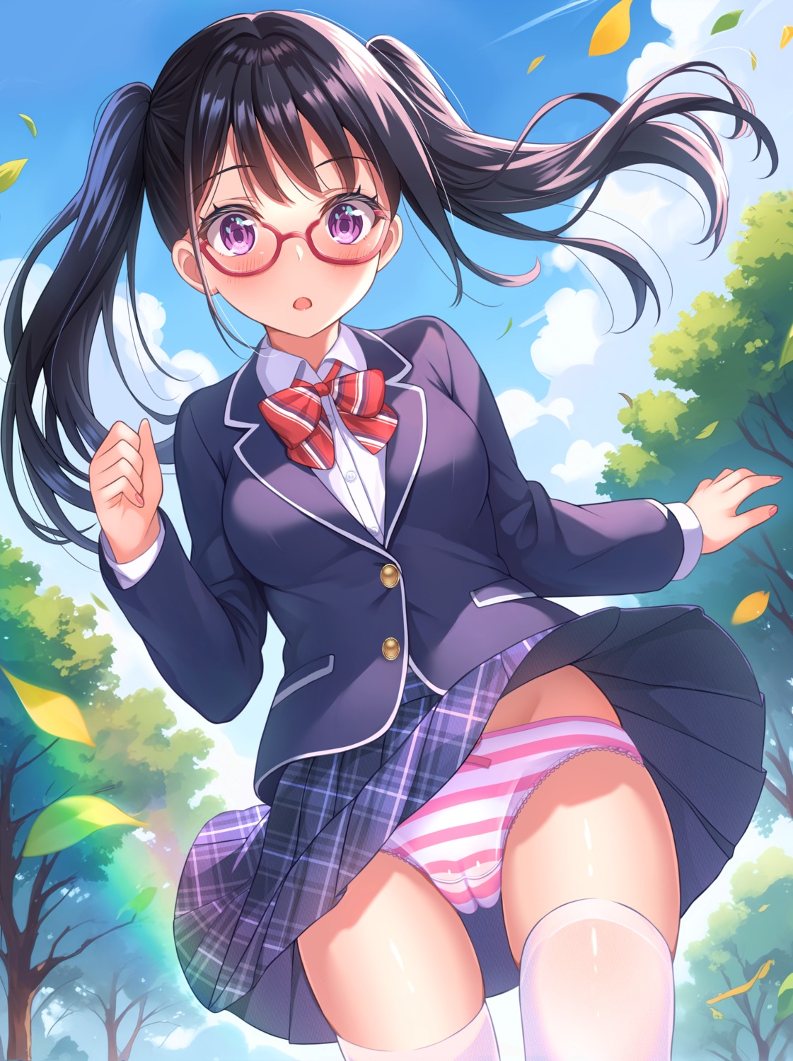 cameltoe megane nikki_(n2kkey) pantsu seifuku shimapan skirt_lift thighhighs wardrobe_malfunction