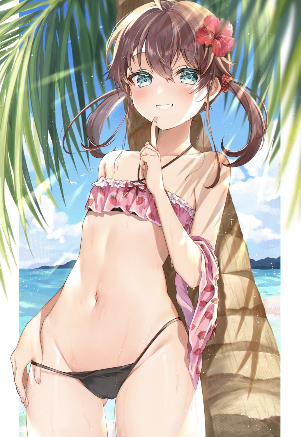 bikini hololive kabi_akaru natsuiro_matsuri panty_pull swimsuits undressing wet