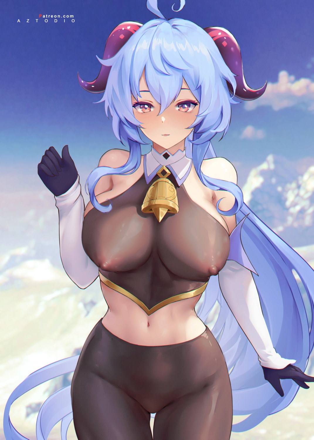 azto_dio ganyu genshin_impact horns nipples no_bra pantyhose see_through