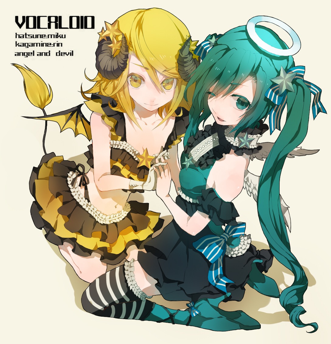 cleavage hatsune_miku horns kagamine_rin macco popokuri tail thighhighs vocaloid wings