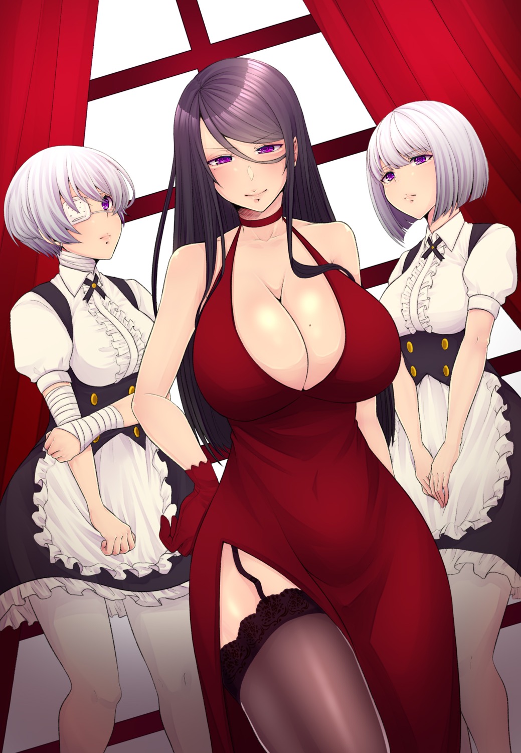 bandages cleavage dress eyepatch kira_kazuki pantyhose stockings thighhighs