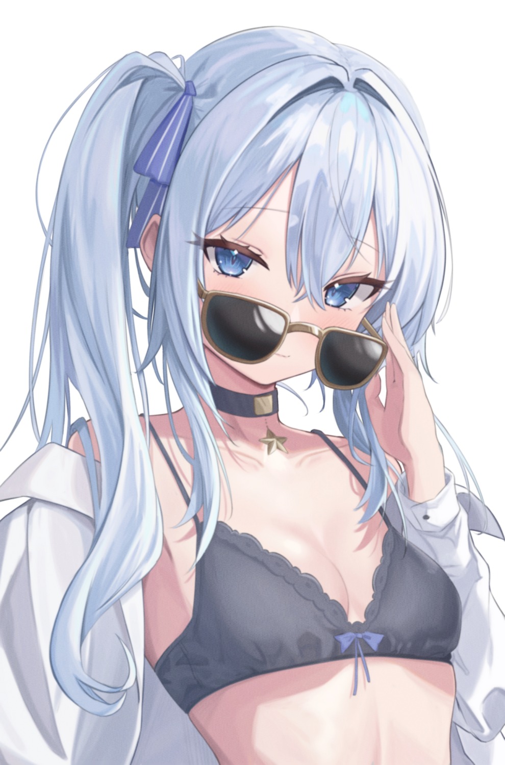 bra cleavage dress_shirt hololive hoshimachi_suisei megane open_shirt up_(osk50217)