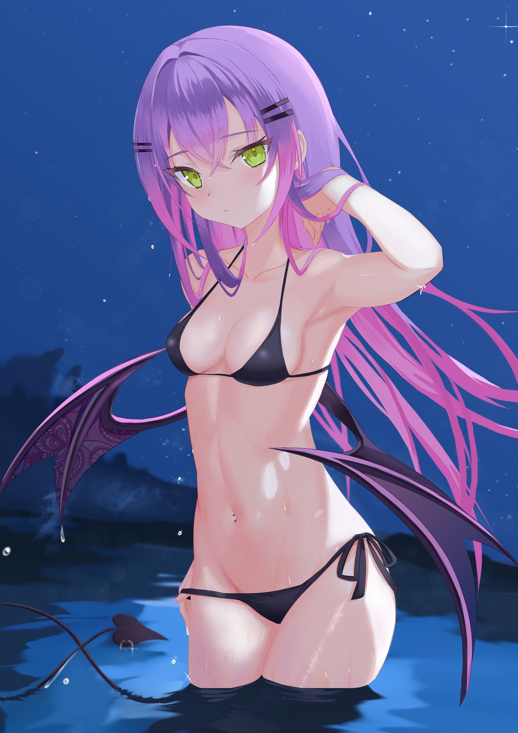 bikini hololive jiang_ye_kiri panty_pull swimsuits tail tokoyami_towa undressing wet wings