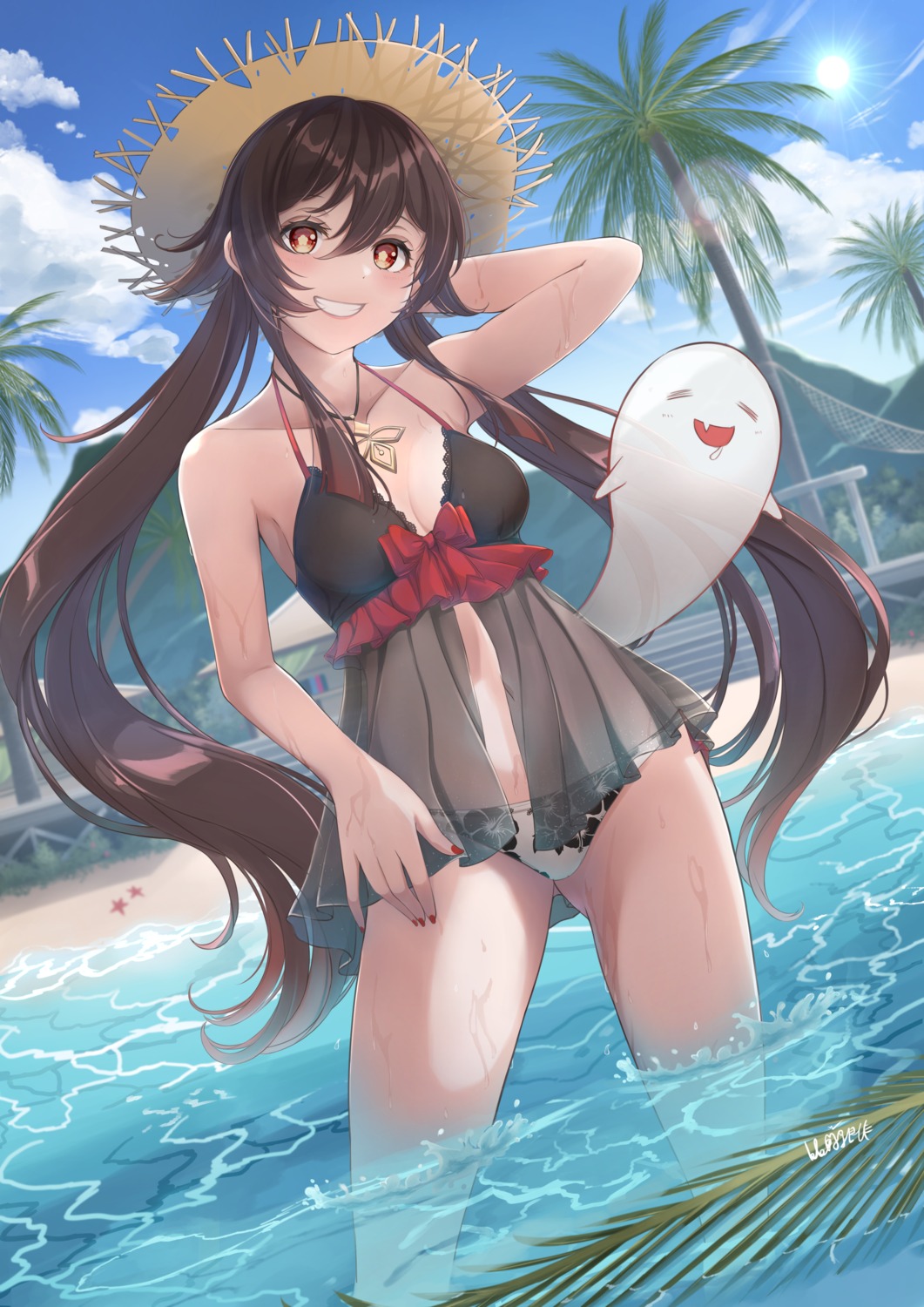 bikini cleavage genshin_impact hu_tao see_through swimsuits tank_ryousaku wet