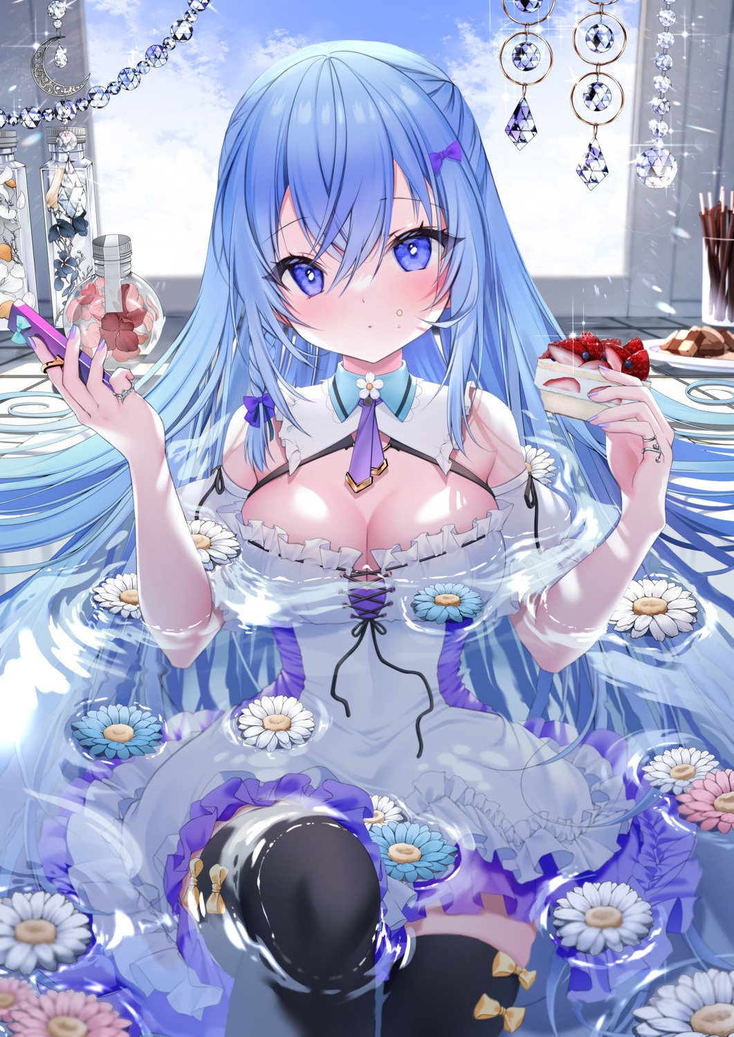 dress emori_miku emori_miku_project no_bra thighhighs wet yoruhoshi_owl