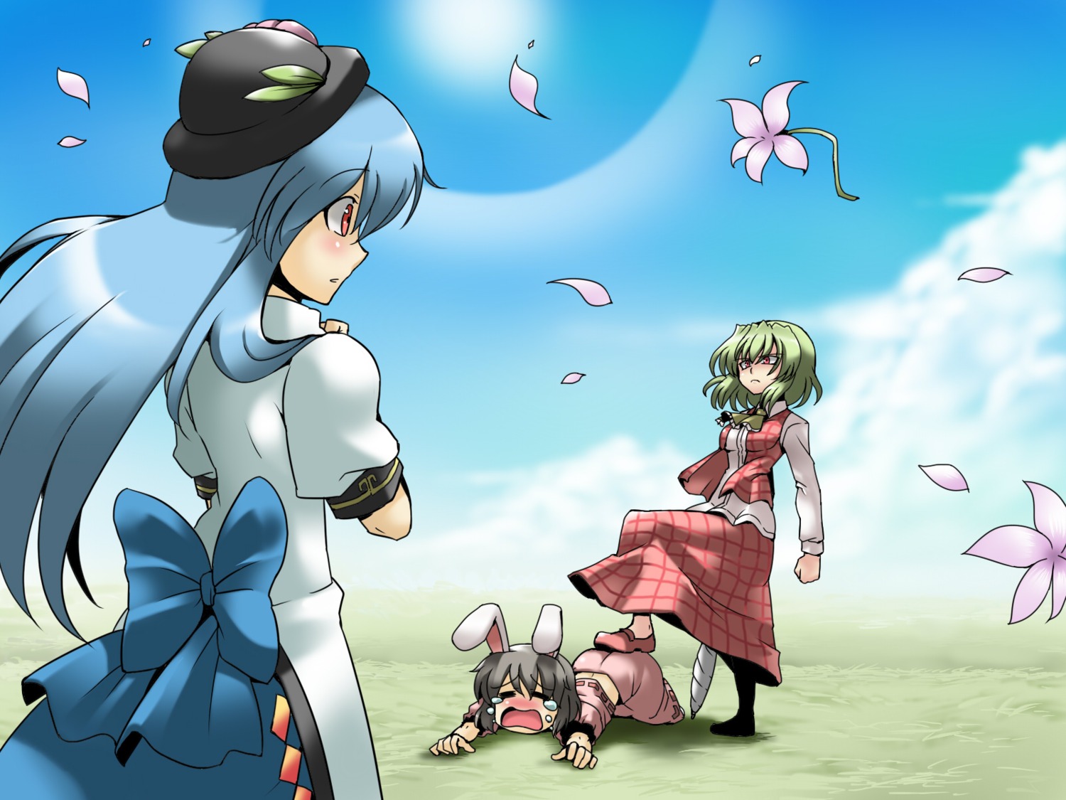 animal_ears bunny_ears hinanawi_tenshi inaba_tewi kazami_yuuka touhou tsuki_wani wallpaper