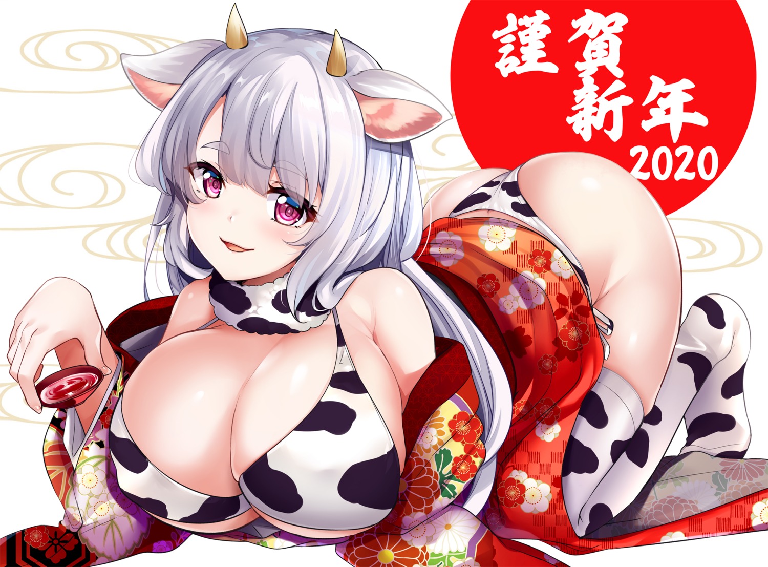 animal_ears bikini erect_nipples hinata_sora horns japanese_clothes open_shirt swimsuits thighhighs