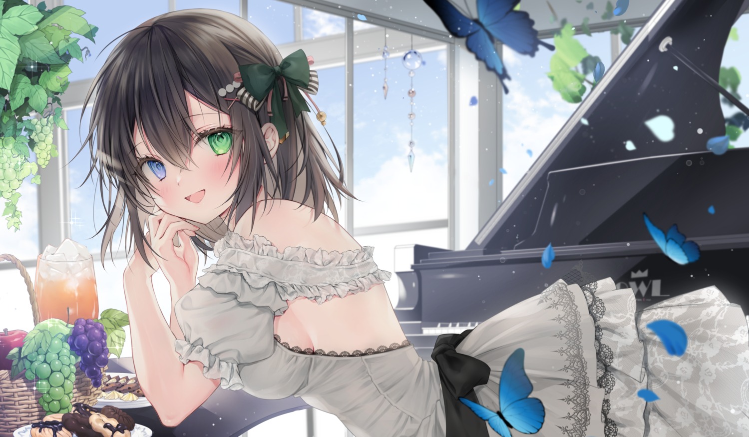 cropped dress heterochromia no_bra yoruhoshi_owl