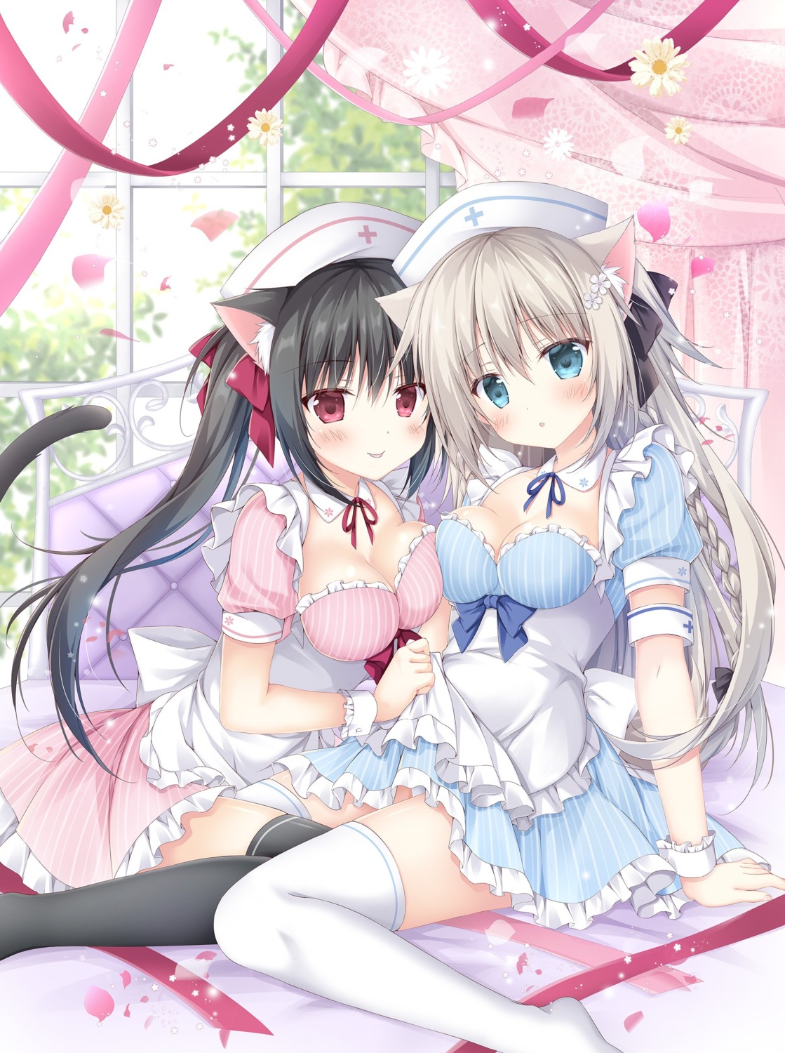 animal_ears cleavage inumimi korie_riko nekomimi nurse skirt_lift symmetrical_docking tail thighhighs